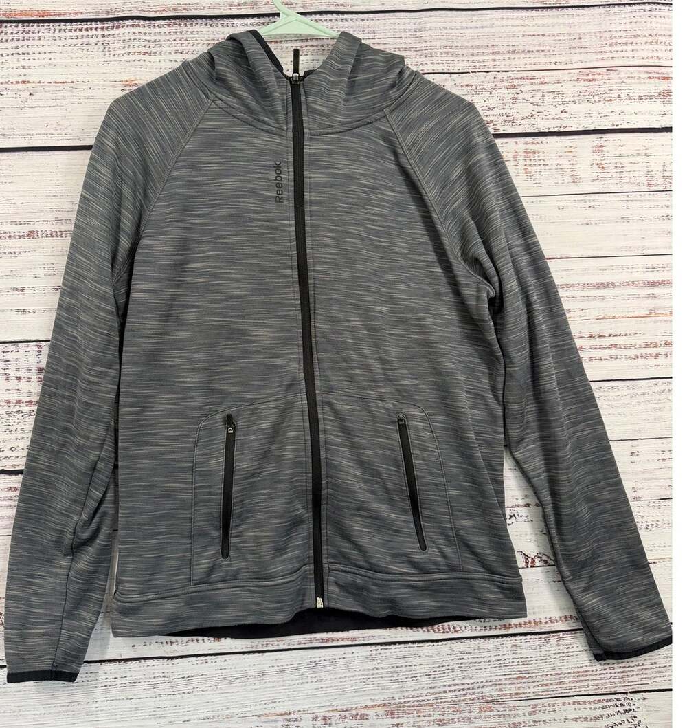 Reebok Womens Full Zip Hoodie M Gray Space Dye Fleece Lined Zip Pockets Jacket